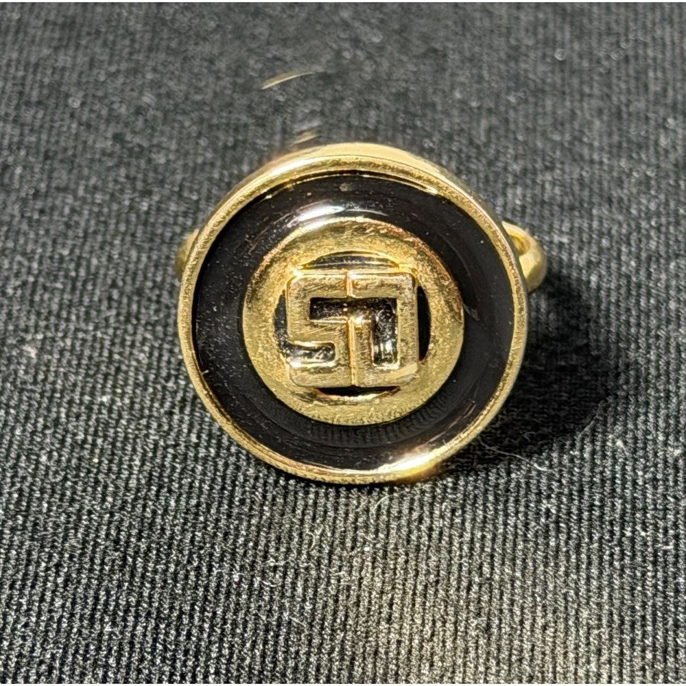 Vintage St John SJ Logo Scarf Ring Slide Gold Tone Black Enamel Design